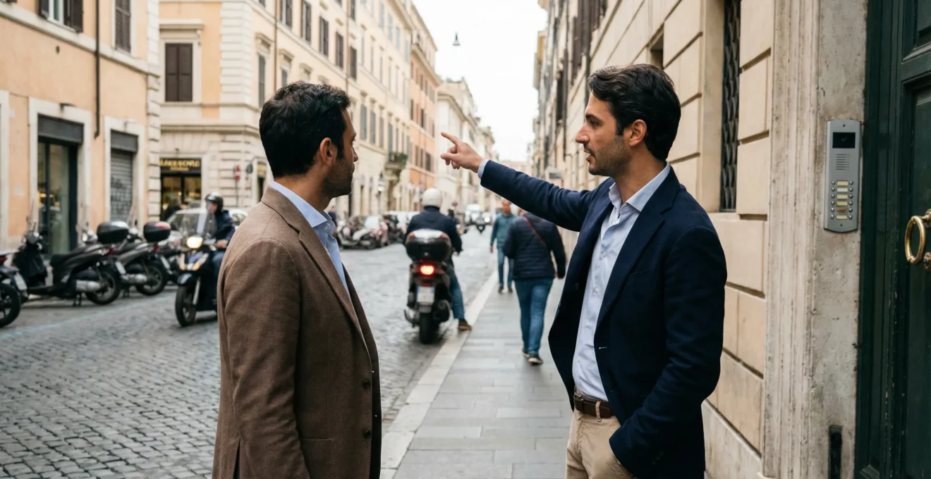 Consulente immobiliare spiega valutazione a cliente davanti edificio romano