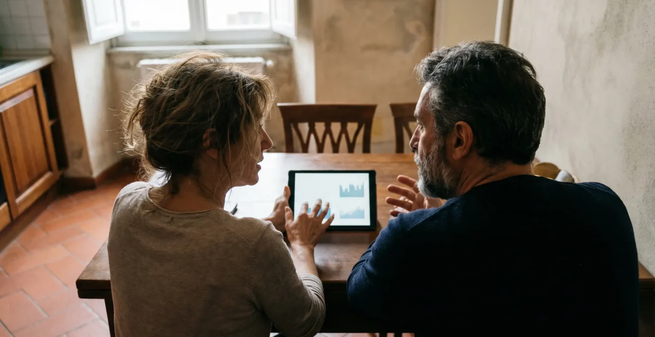 Coppia valuta dati immobiliari Roma su tablet in ambiente domestico