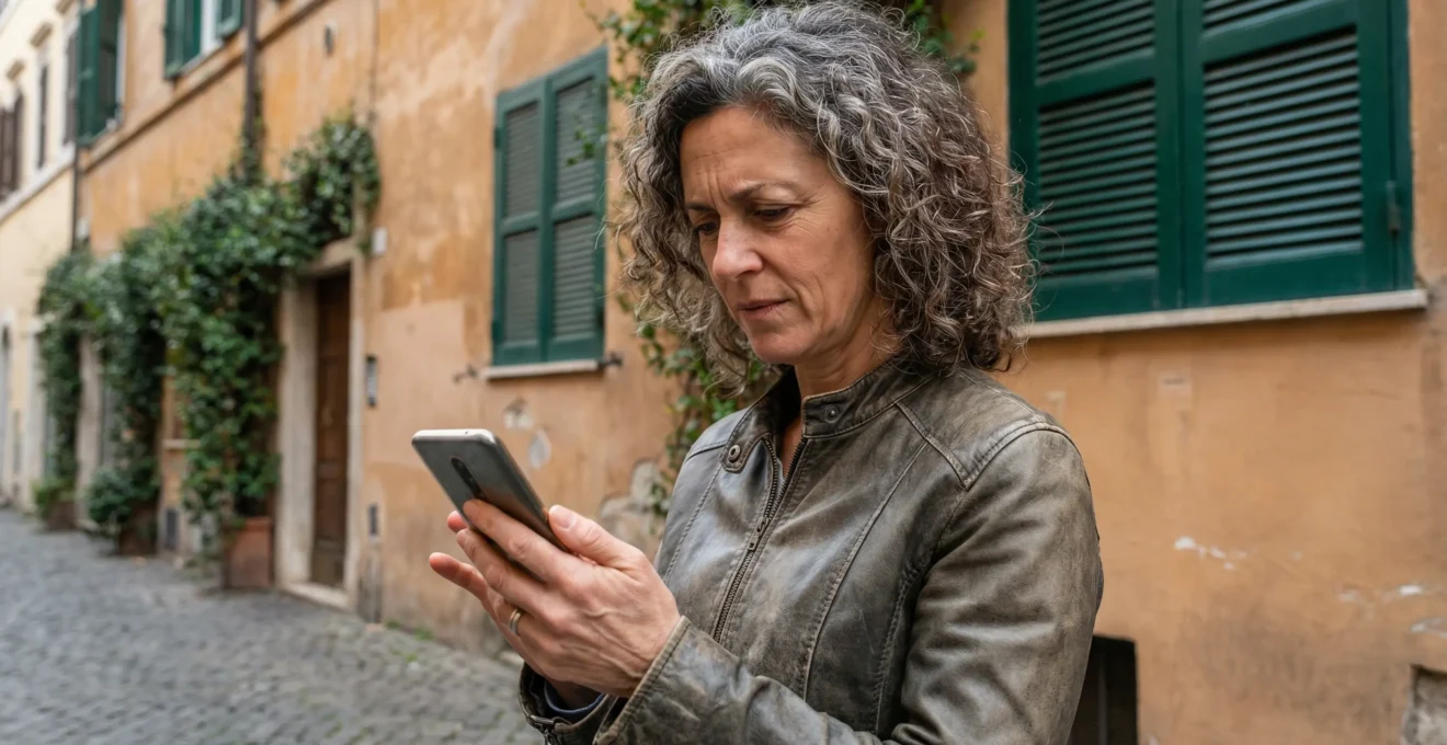Donna consulta prezzi immobiliari Roma su smartphone davanti a palazzo tipico