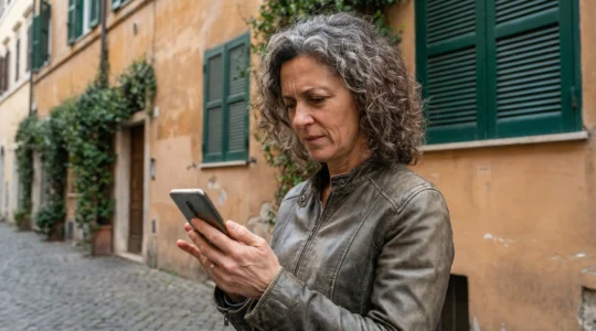 Donna consulta prezzi immobiliari Roma su smartphone davanti a palazzo tipico